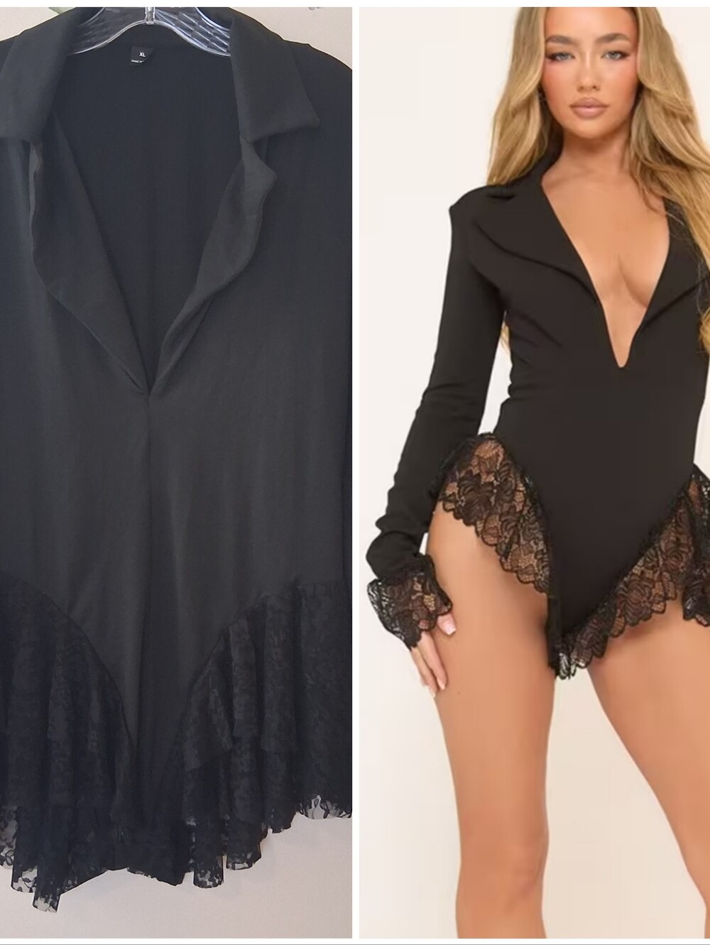 Black Lace Trim Bodysuit Playsuit Plunge V-Neck XL Whimsigoth Fairy